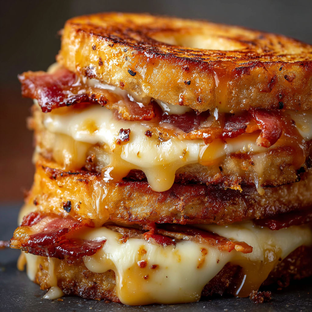 A stack of grilled cheese sandwiches with bacon and maple.