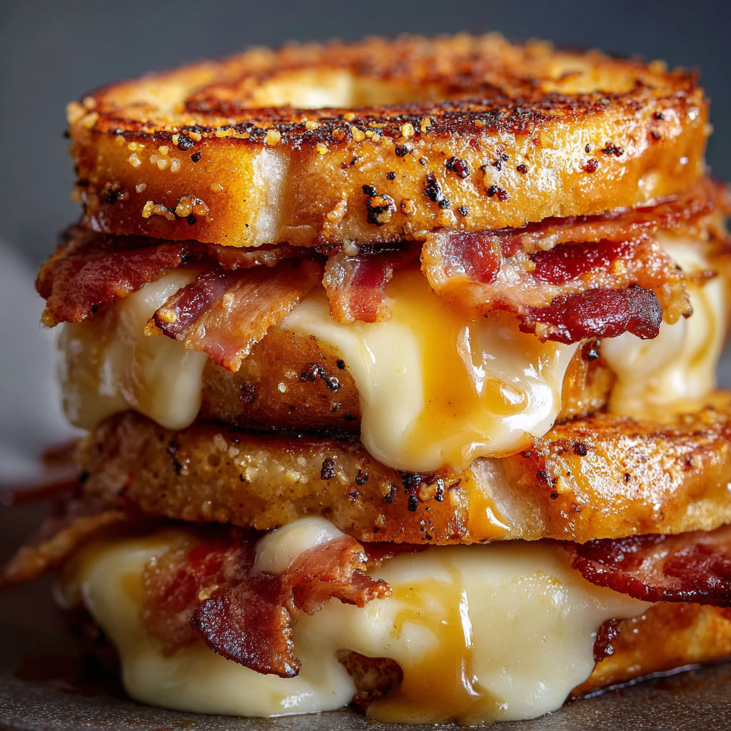 A stack of grilled cheese sandwiches with bacon and maple.