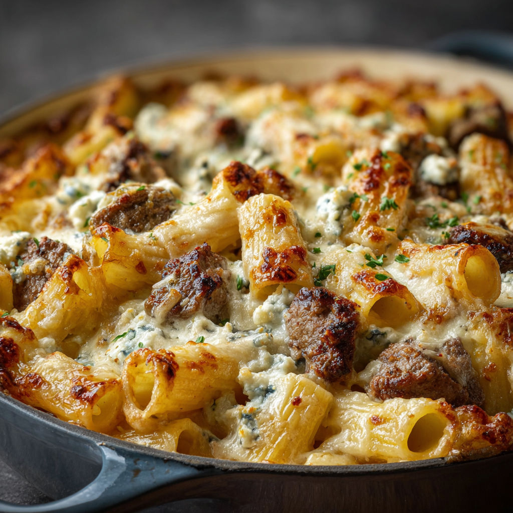 A bowl of pasta with meat and cheese.