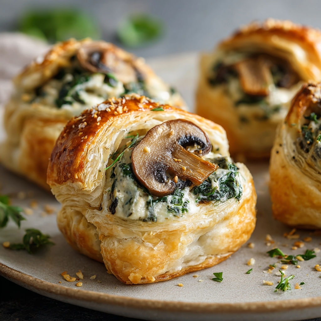 A plate of creamy mushroom and spinach stuffed pastry bites.