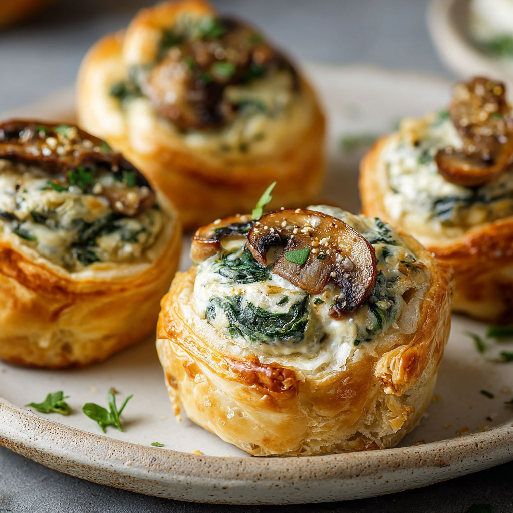 A plate of four pastries with mushrooms and spinach.