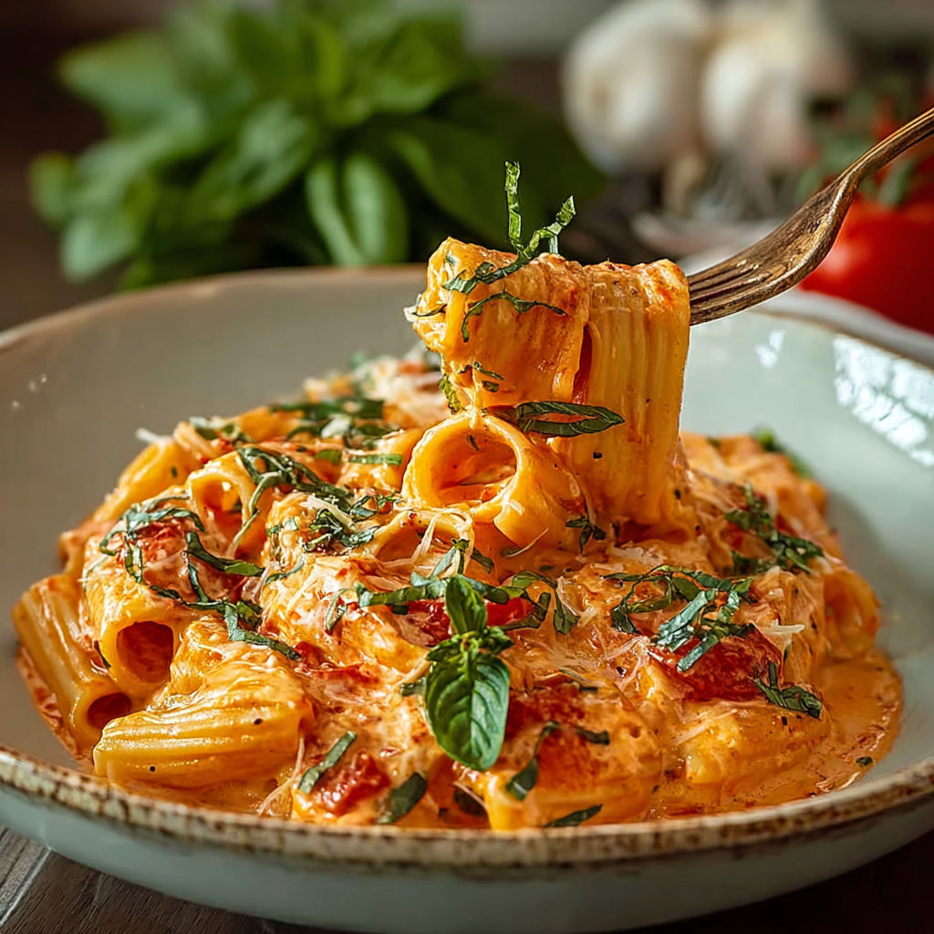 A plate of pasta with a fork in it.
