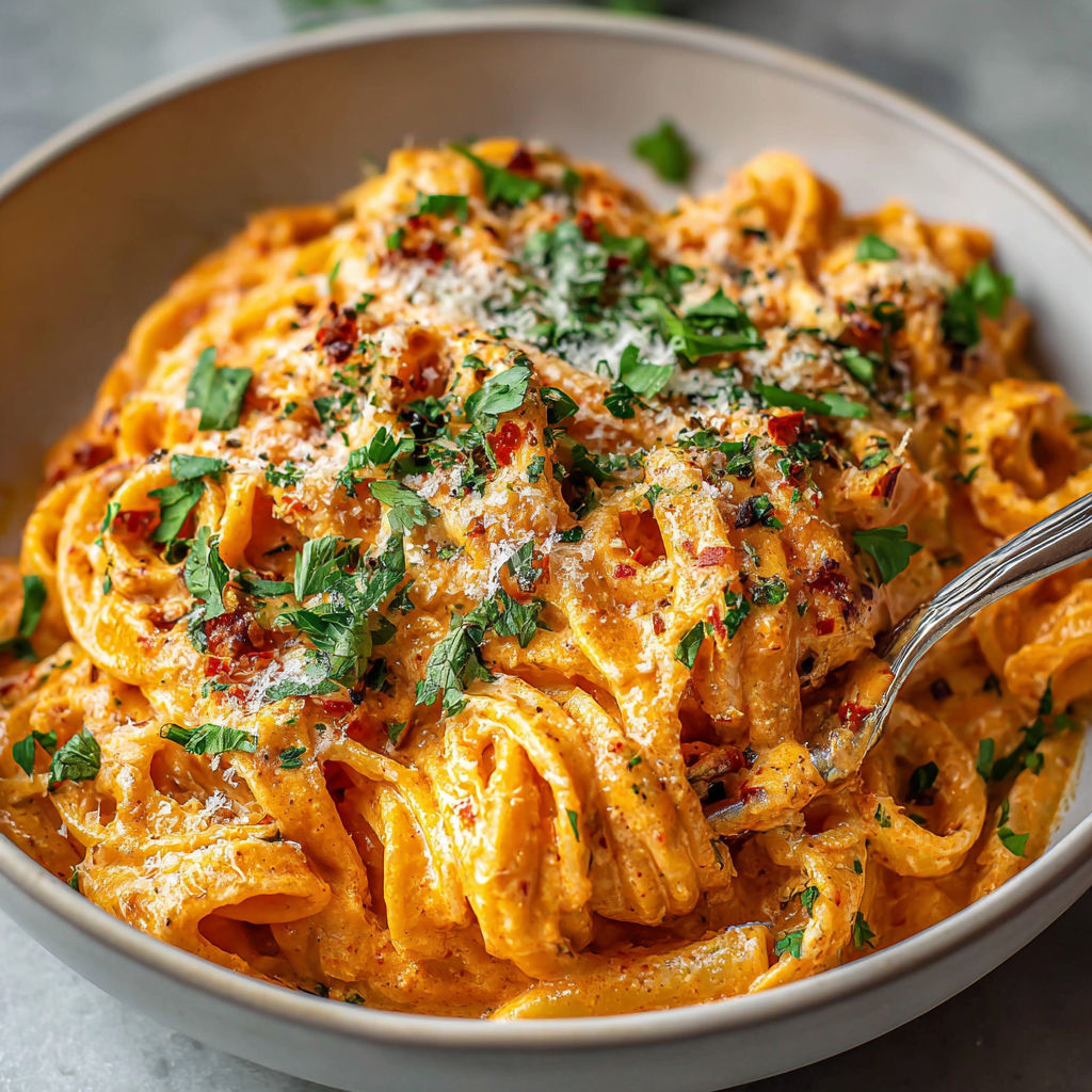 A bowl of pasta with cheese and herbs.