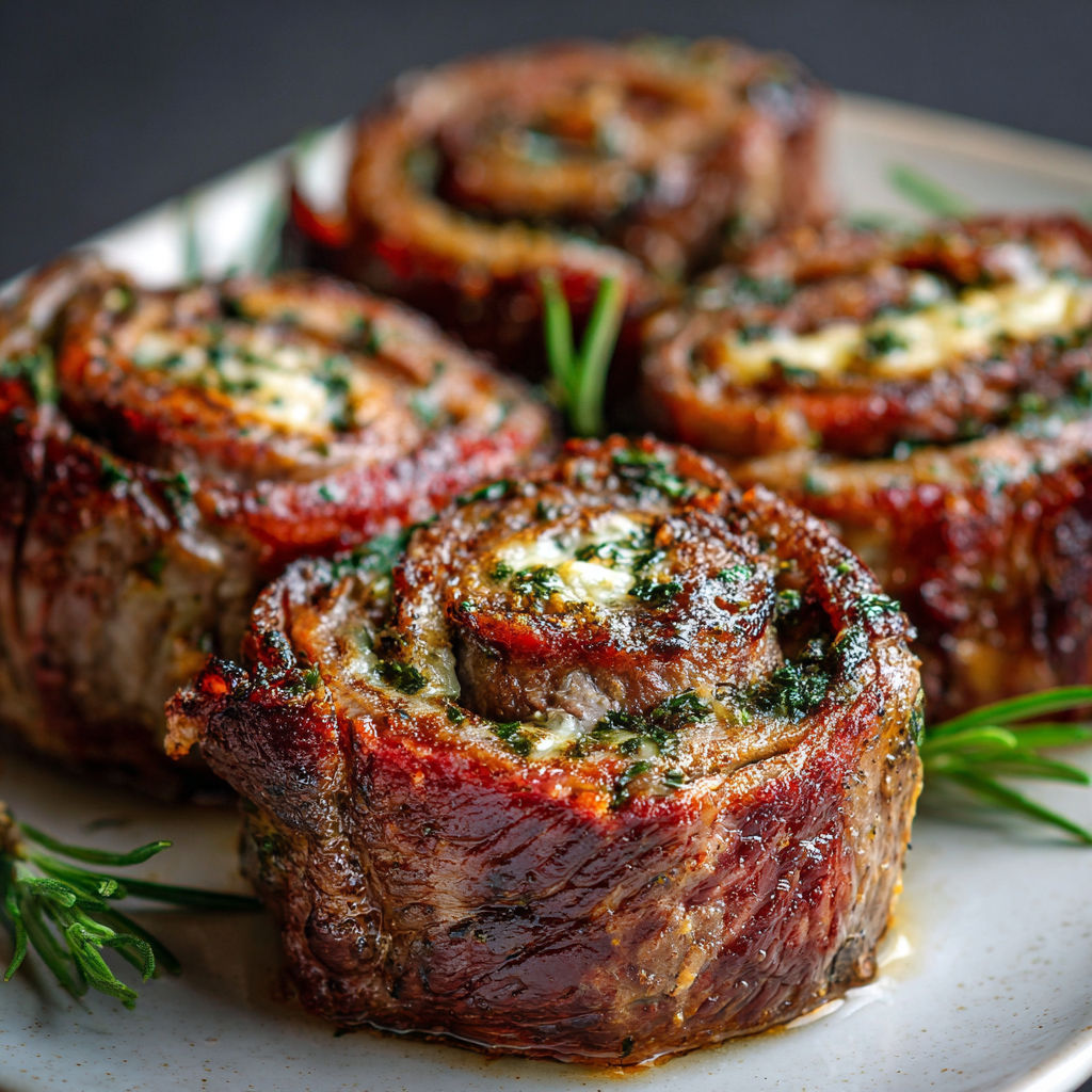 Steak pinwheels on a plate.
