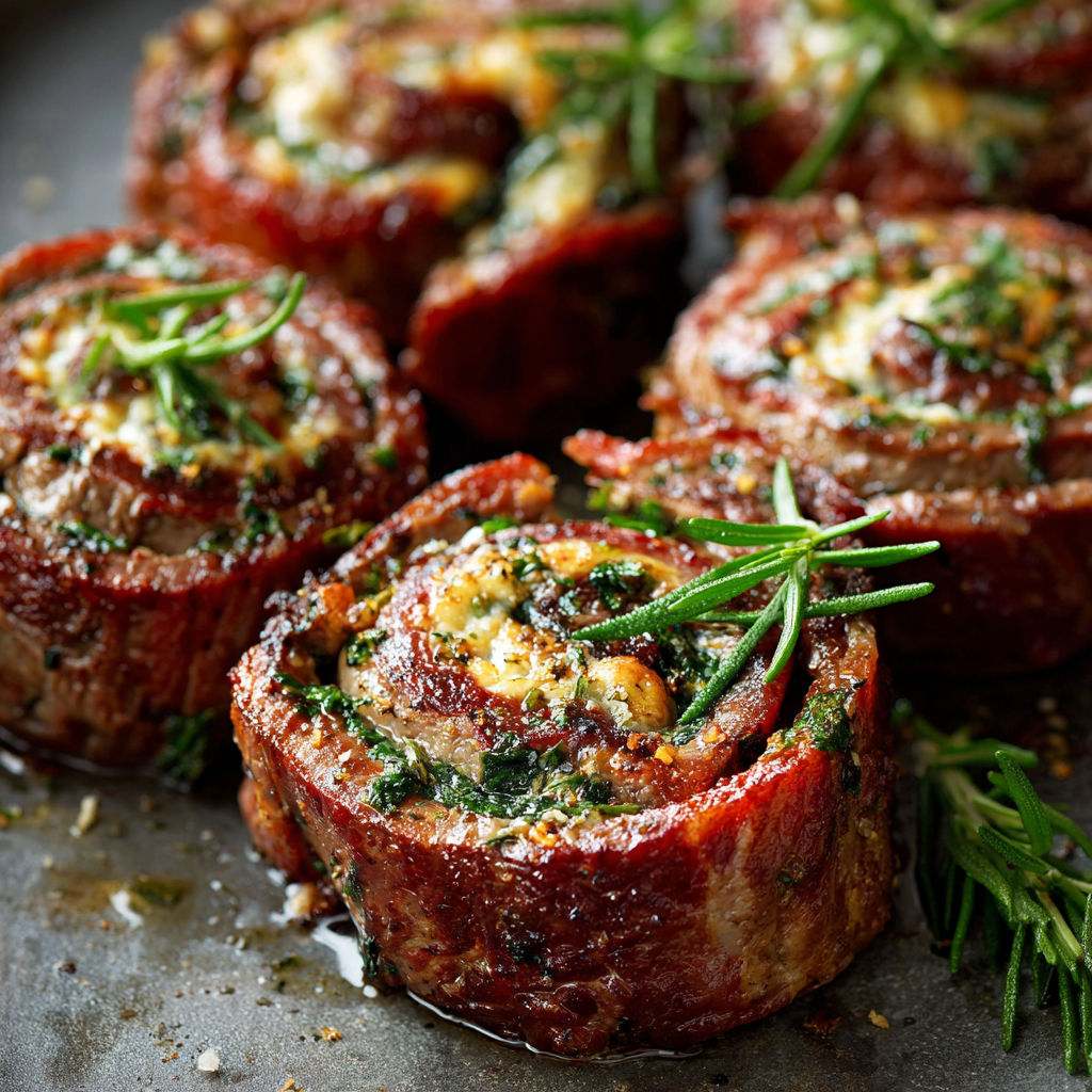 A plate of meat rolls with cheese and herbs.