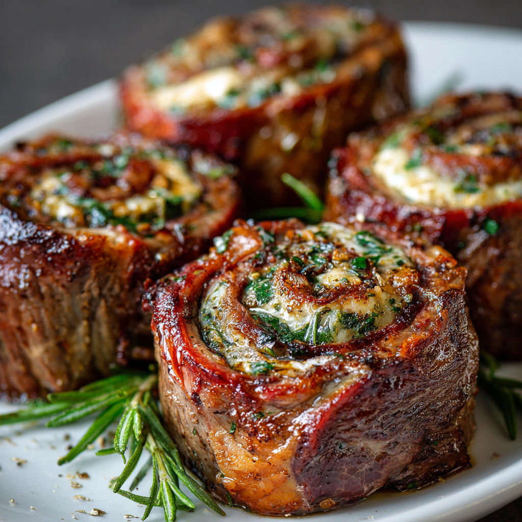 A plate of meat rolls with cheese and herbs.