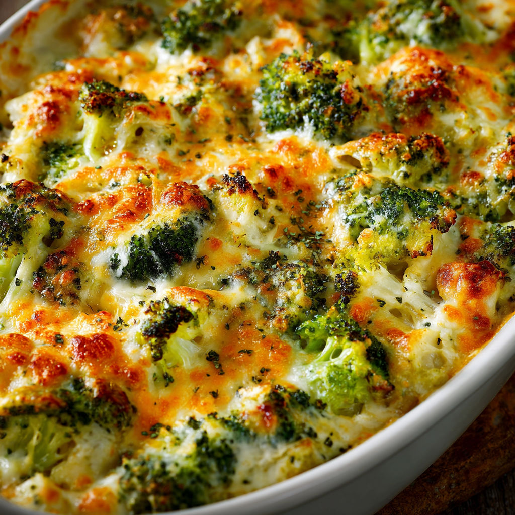 A close up of a broccoli cheese casserole.