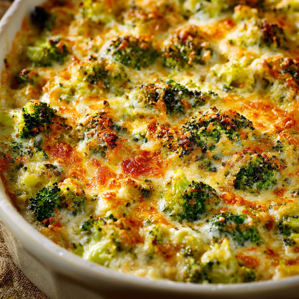 A close up of a casserole dish filled with broccoli and cheese.