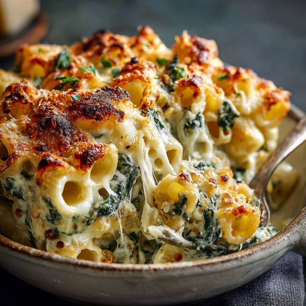 A dish of pasta with spinach and cheese.