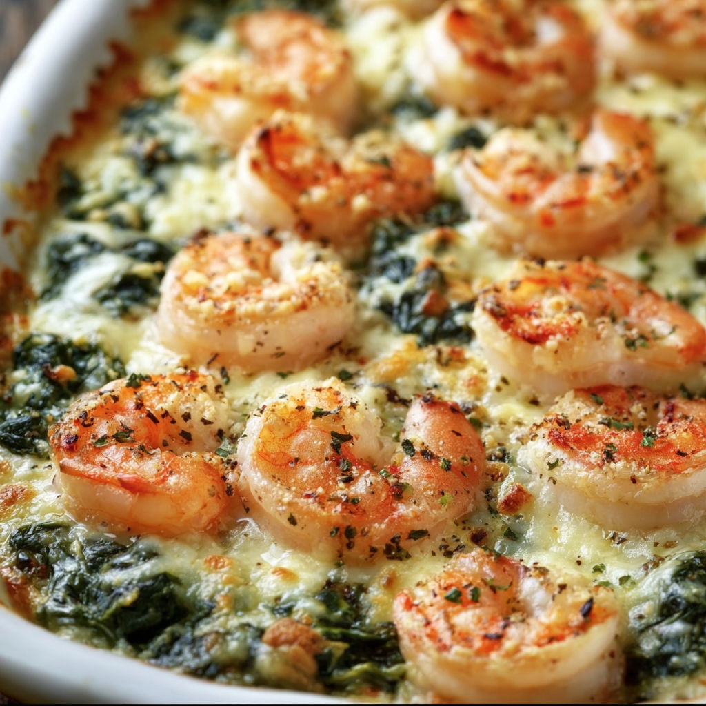 A dish of shrimp and greens.