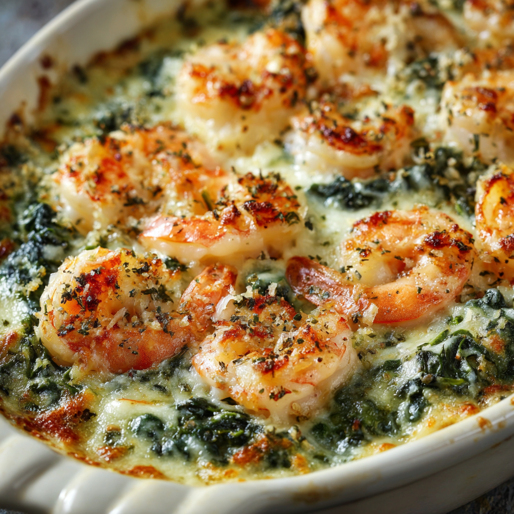 A dish of shrimp and spinach.