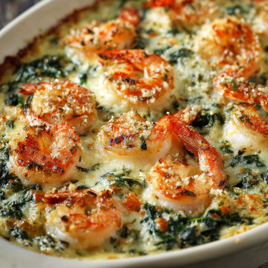 A dish of shrimp and spinach.