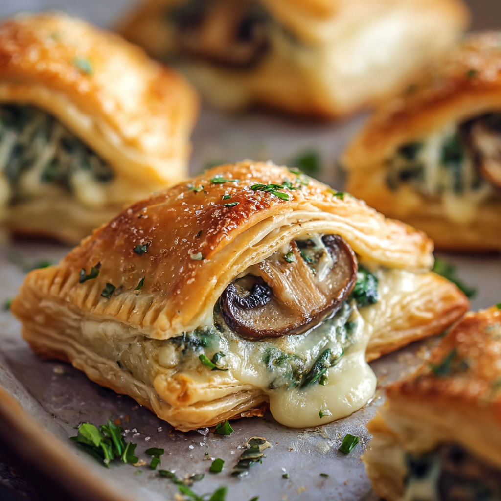 A plate of creamy mushroom and spinach stuffed pastry bites.