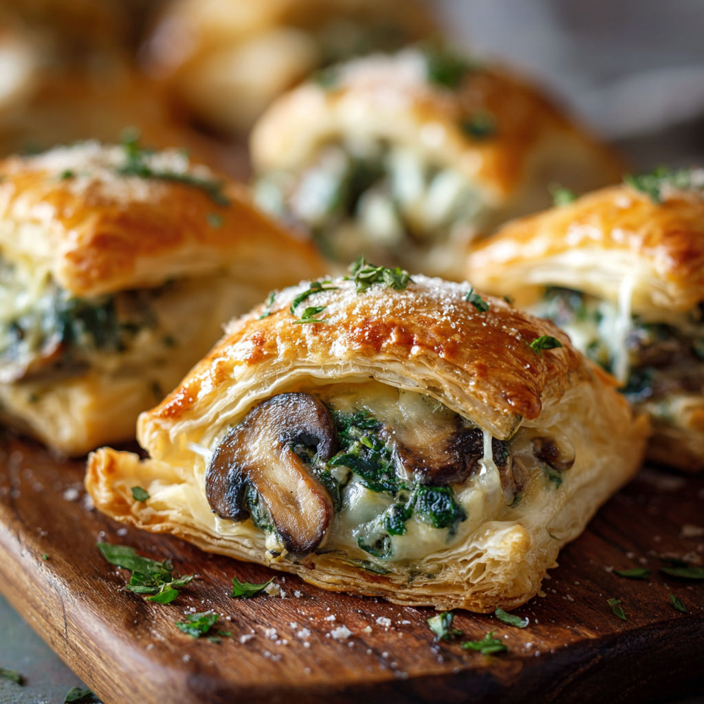 A plate of food with a pastry and mushrooms.