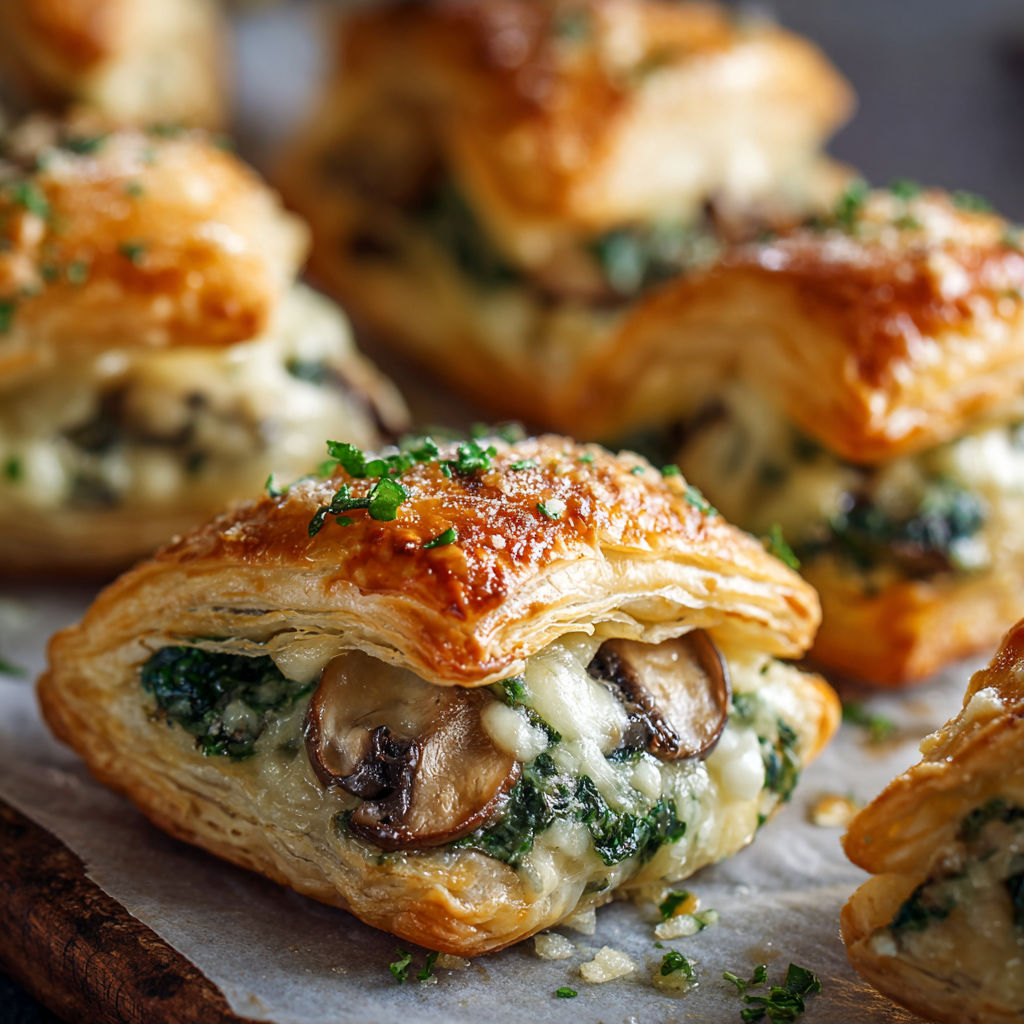 A close up of a pastry with mushrooms and spinach.