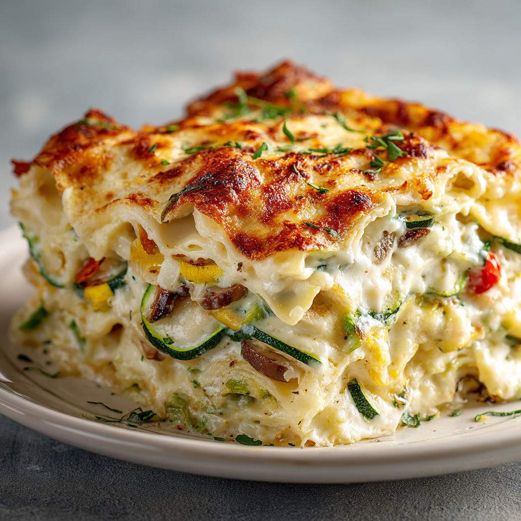 A white plate with a loaded veggie white lasagna.