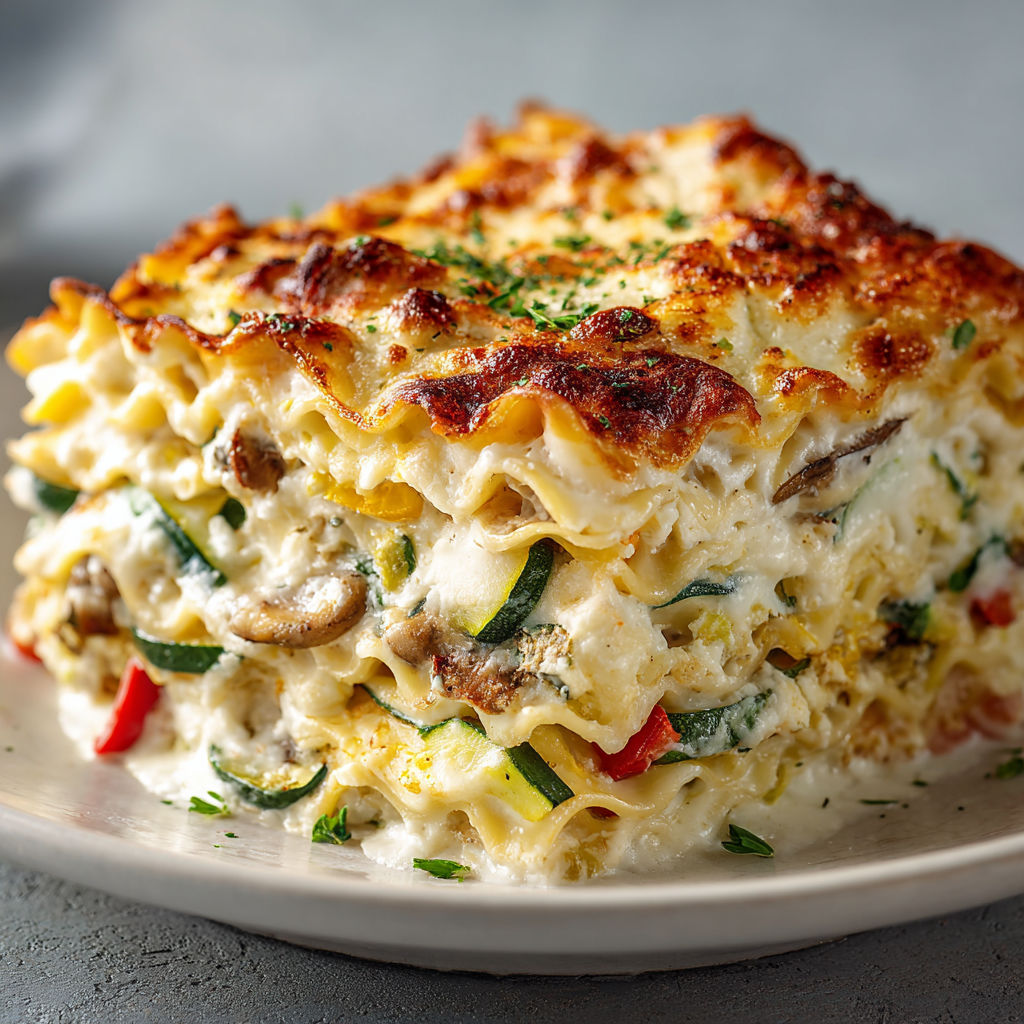 A plate of food with a cheese and mushroom casserole.