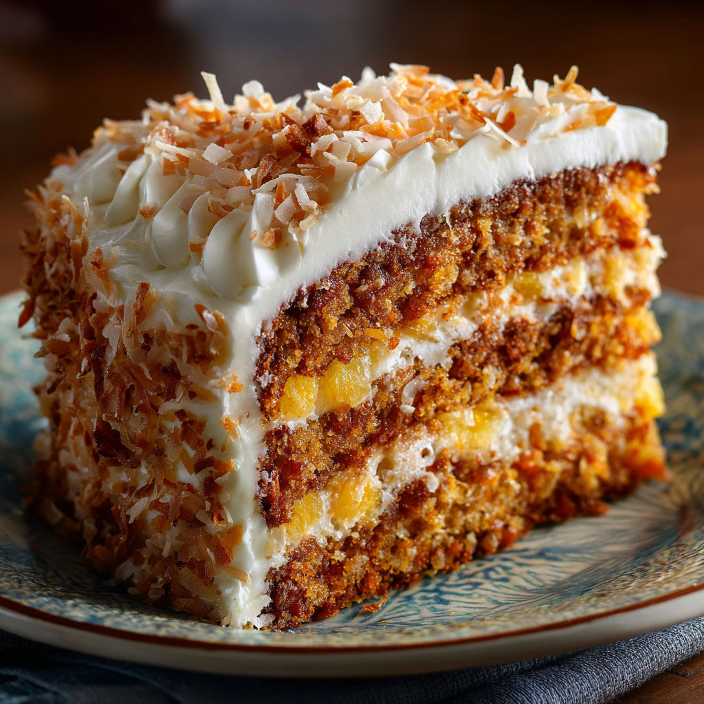 A slice of cake with white frosting and coconut on top.