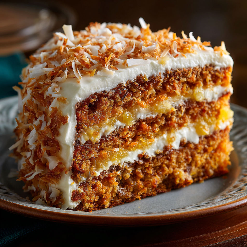 A slice of cake with white frosting and coconut on top.