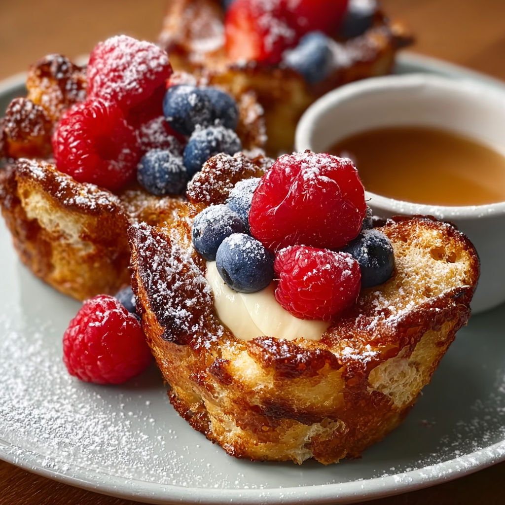 French toast cups with berries and cream.
