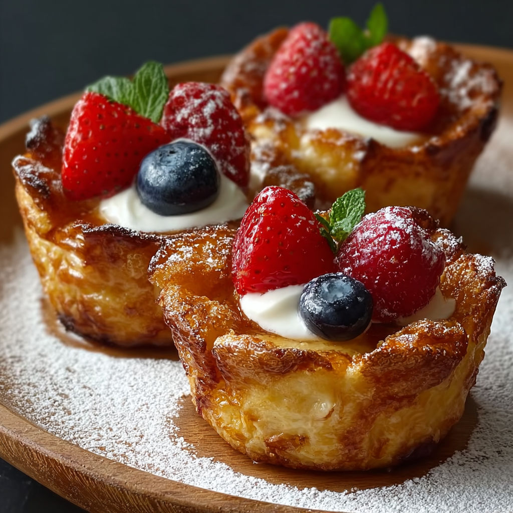 A plate of pastries with strawberries and blueberries on top.