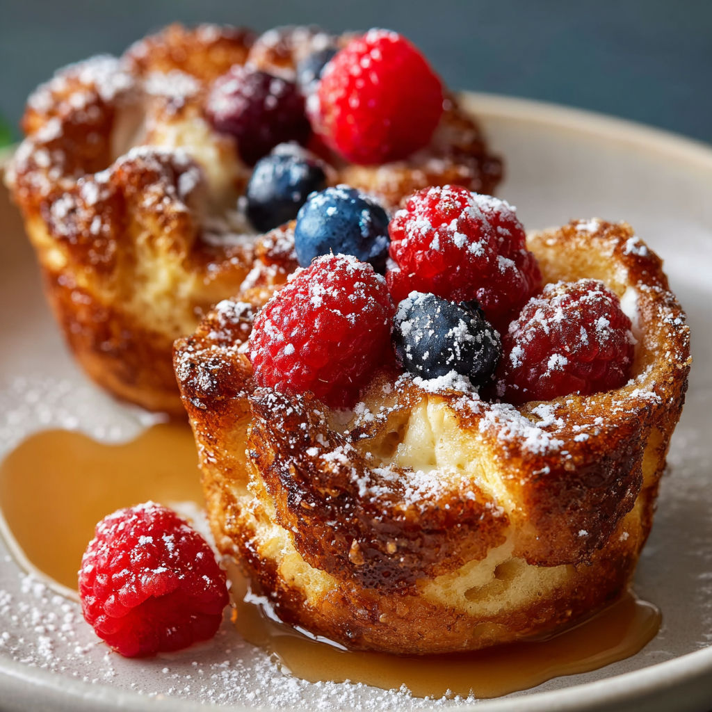 A delicious dessert with berries and powdered sugar.
