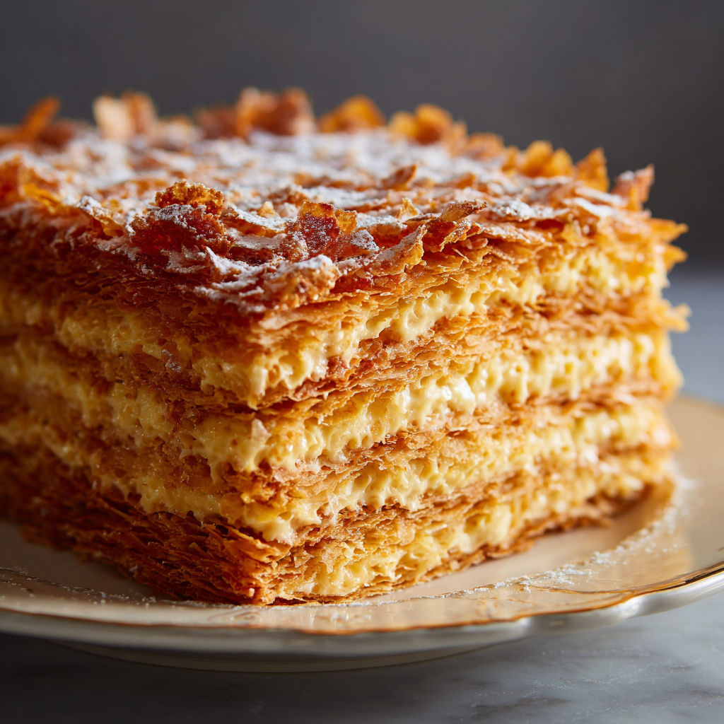 A slice of Napoleon cake on a plate.