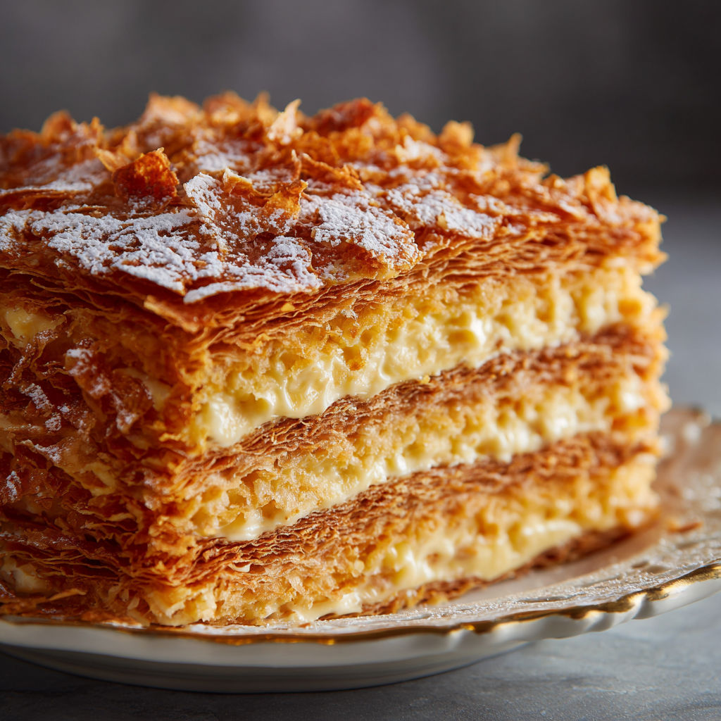 A slice of Napoleon cake on a plate.