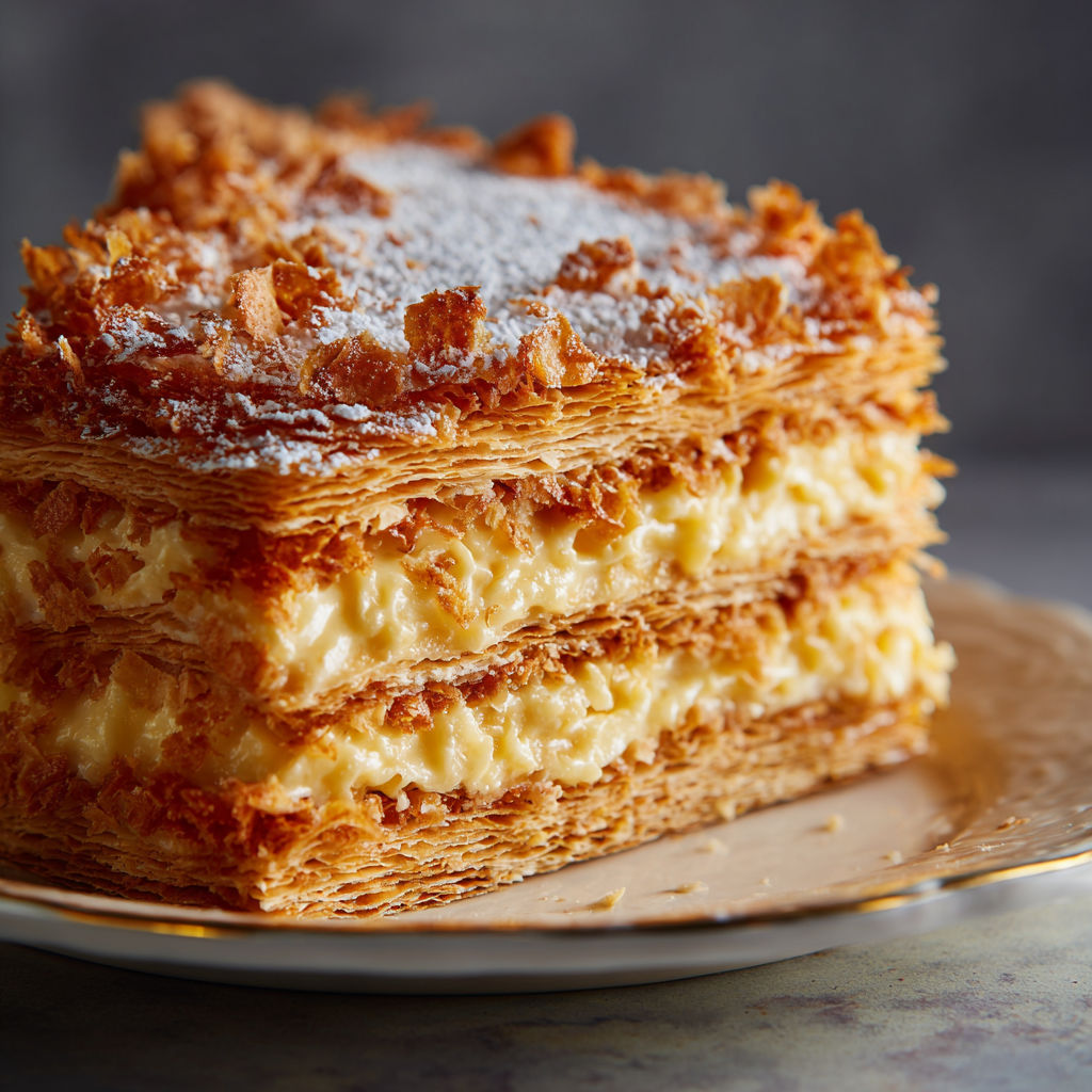 A slice of Napoleon cake on a plate.