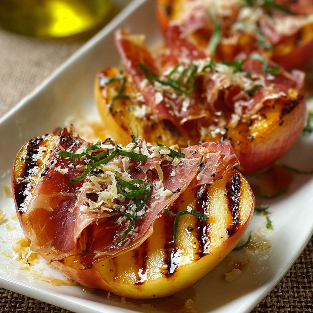 A plate of grilled apples with prosciutto and honey.