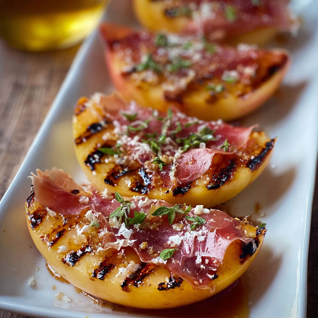 A white plate with three slices of grilled peaches.
