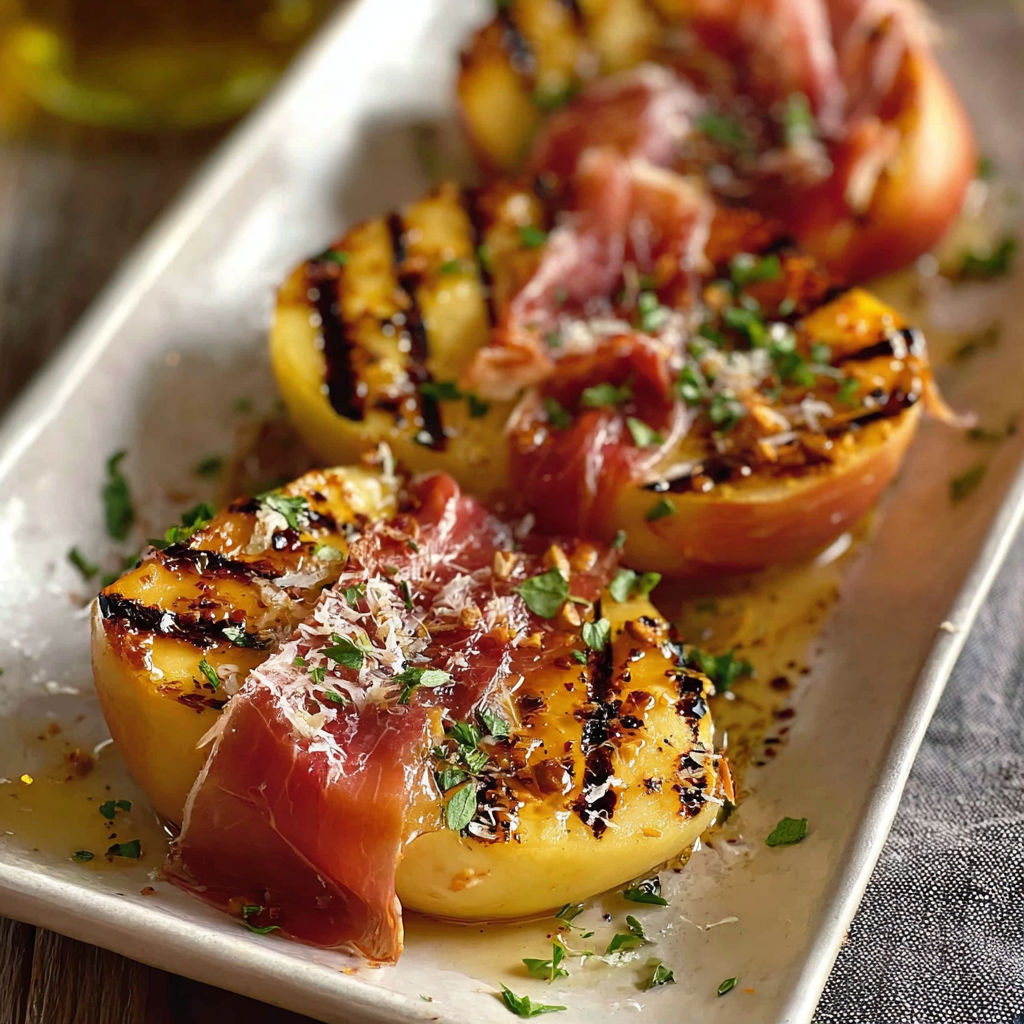 A plate of grilled peaches with bacon and cheese.
