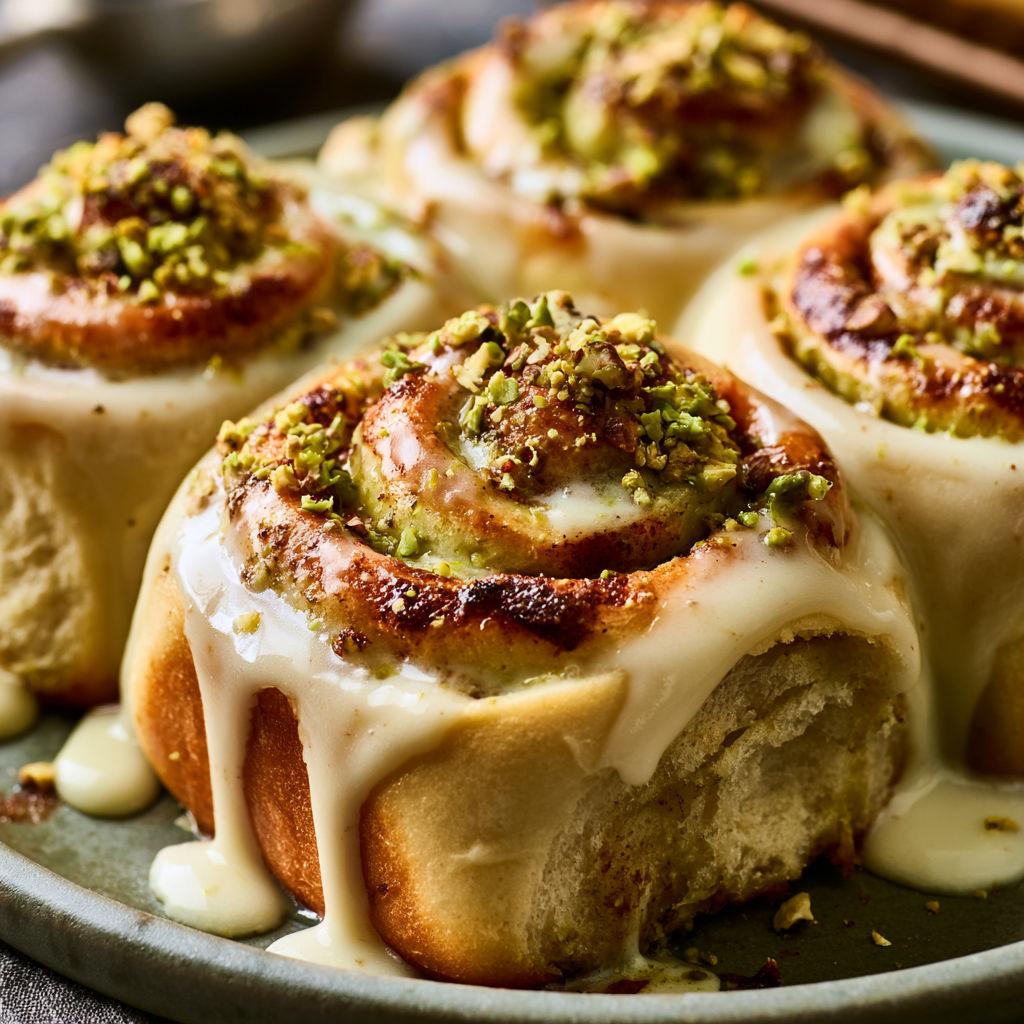 A plate of cinnamon rolls with cream and pistachios.