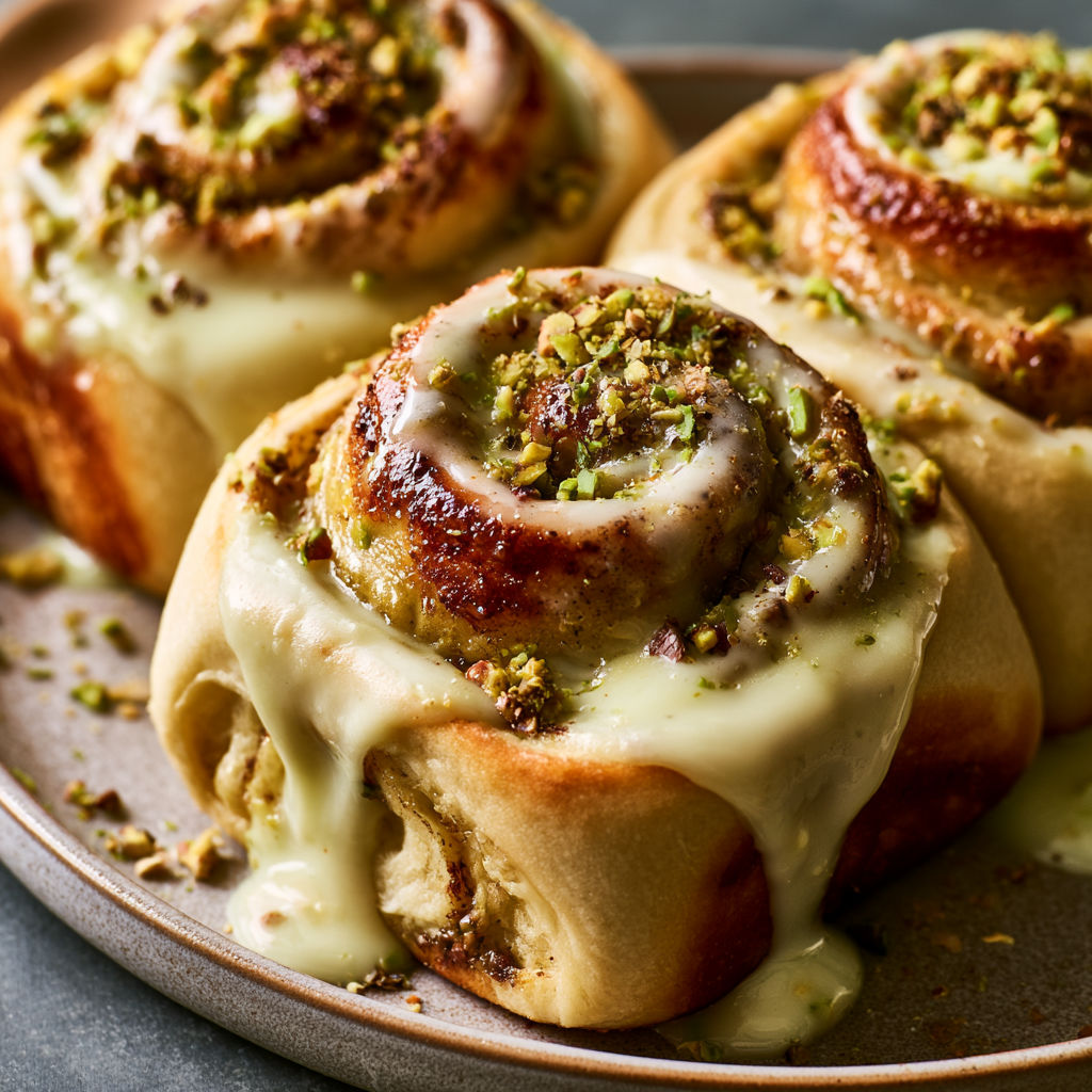 A plate of cinnamon rolls with pistachio cream.