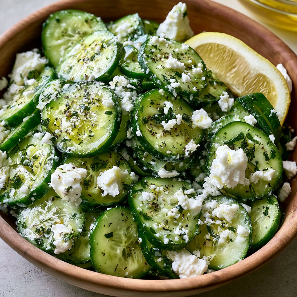 A bowl of cucumber salad with feta cheese.