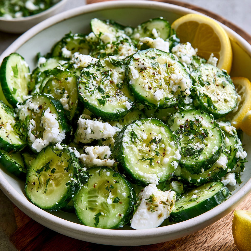 A bowl of cucumber salad with feta cheese.