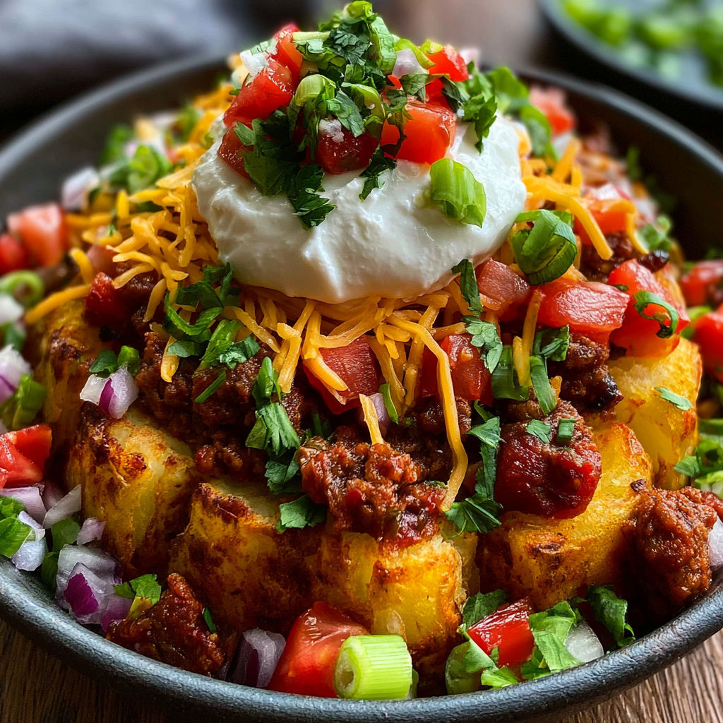 A loaded potato taco bowl with cheese, tomatoes, and onions.