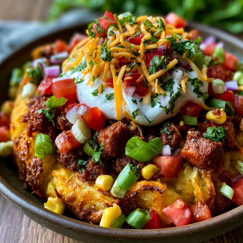 A bowl of food with a white sauce on top.