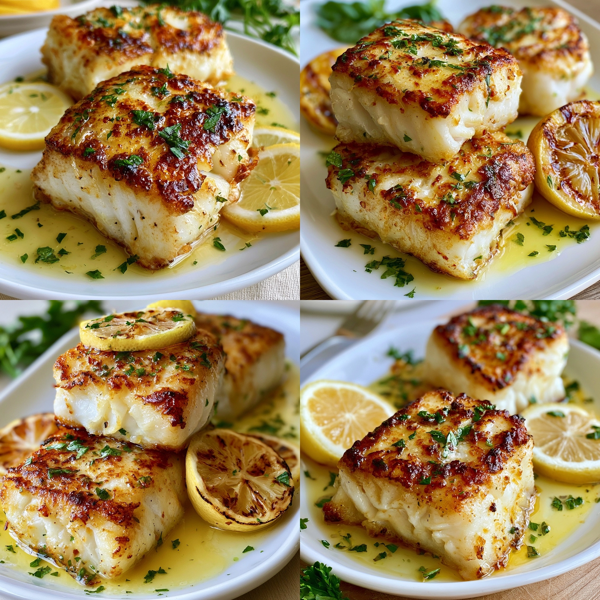 A plate of seafood with lemon and herbs.