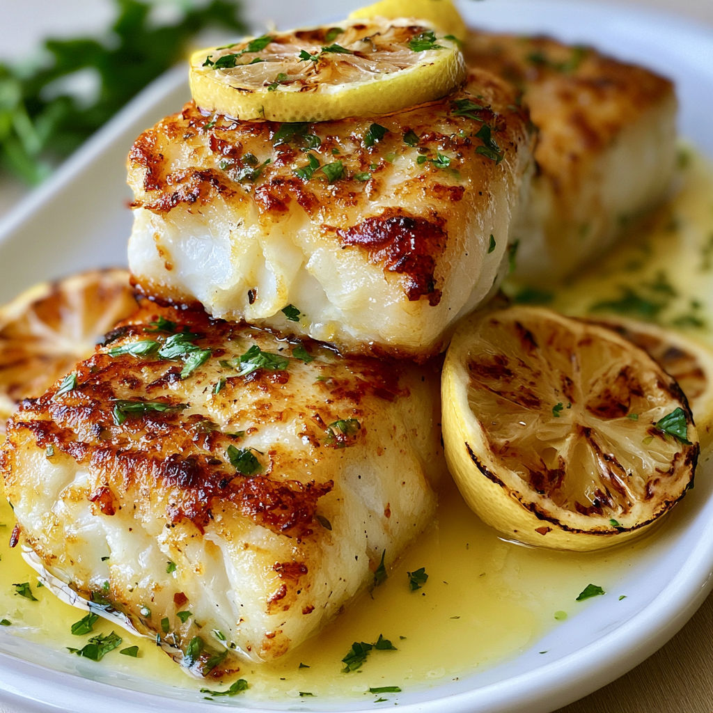 A plate of fish with lemon wedges on top.