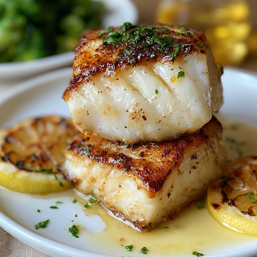 A plate of fish with lemon wedges on top.