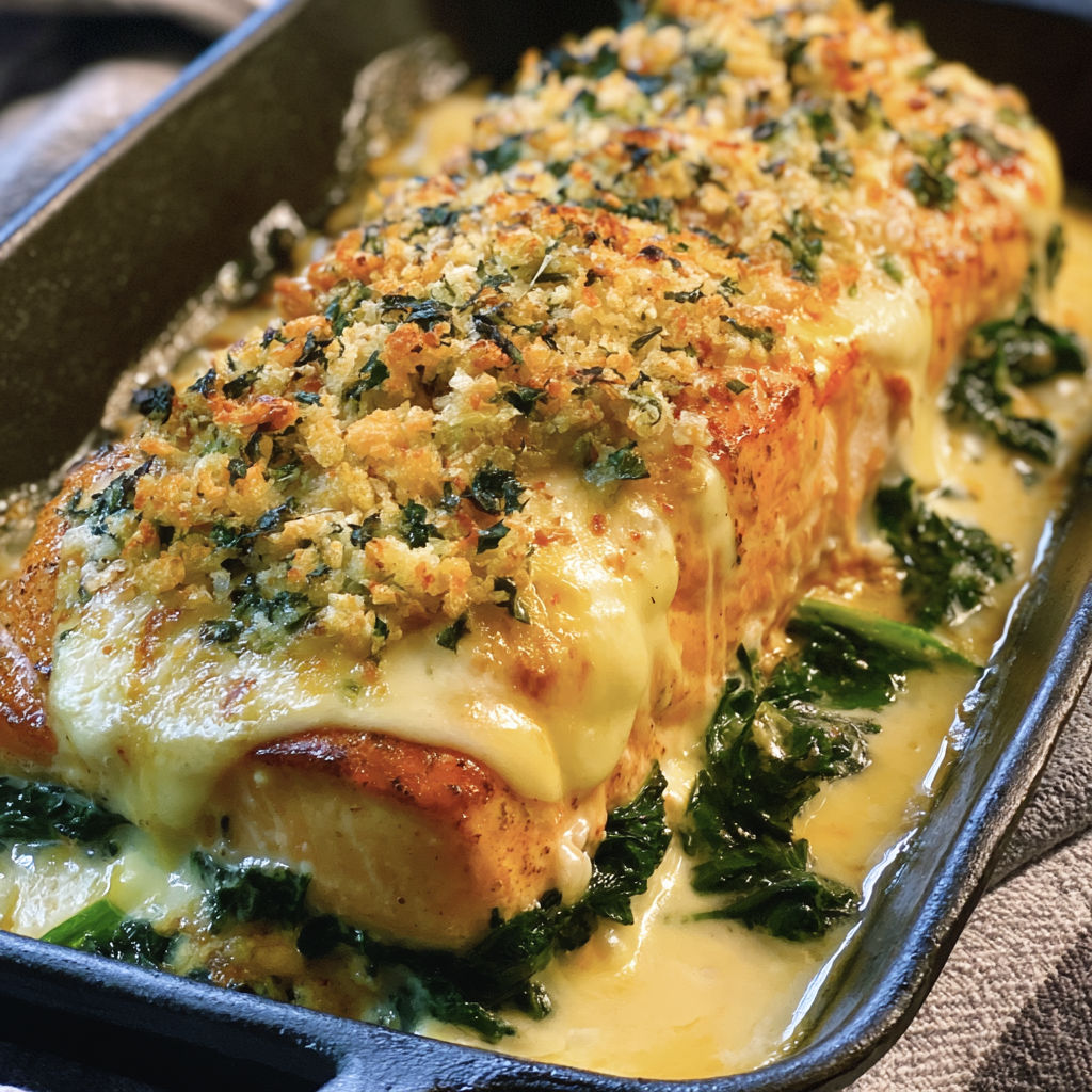 A baked salmon dish with spinach.