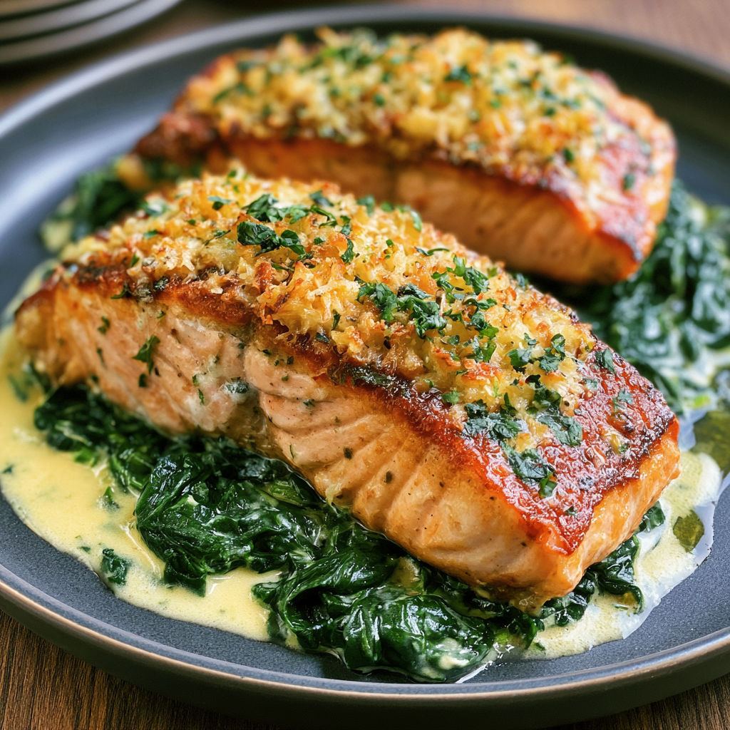 A plate of fish with sauce and greens.