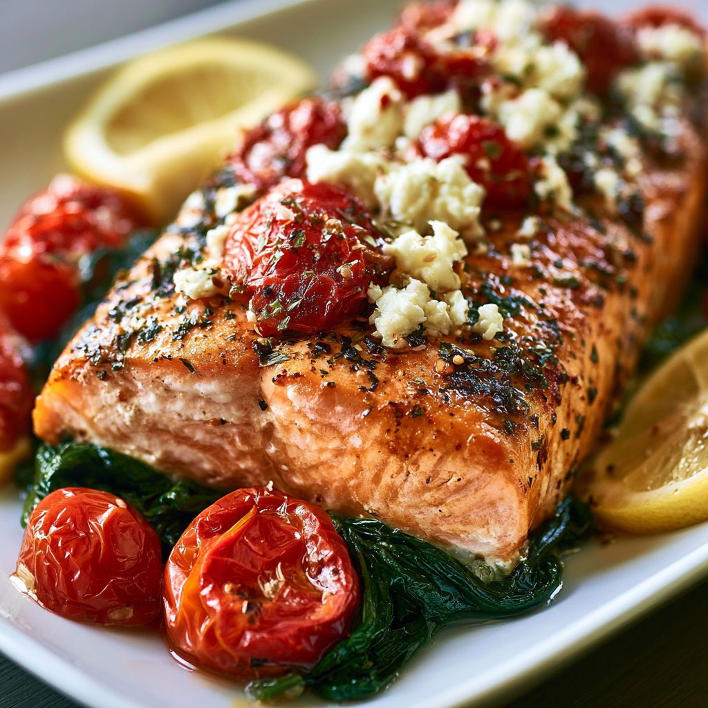 A plate of food with tomatoes, spinach, and fish.