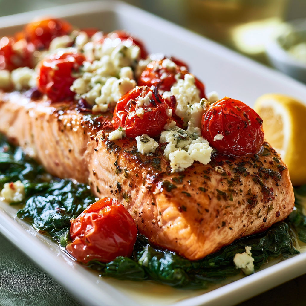 A plate of food with tomatoes, blue cheese, and salmon.