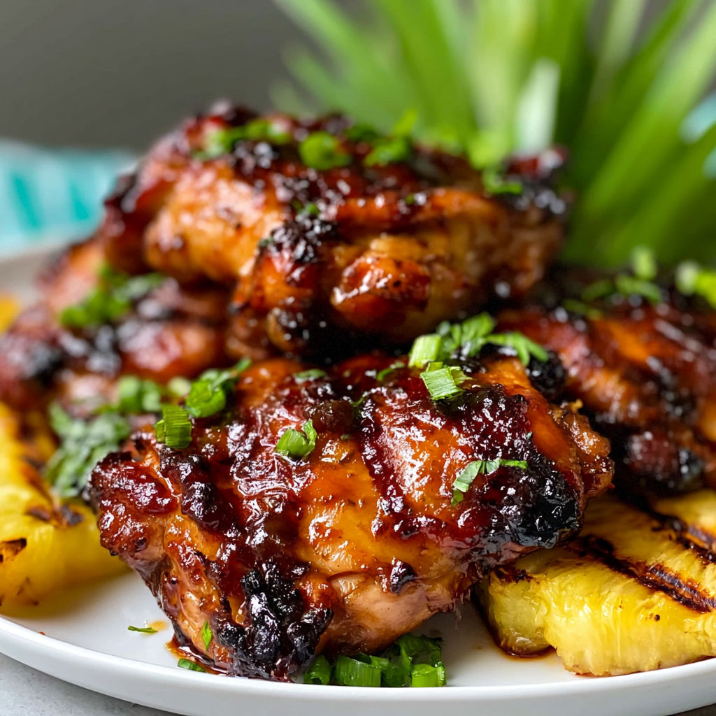 A plate of chicken with a pineapple wedge on the side.