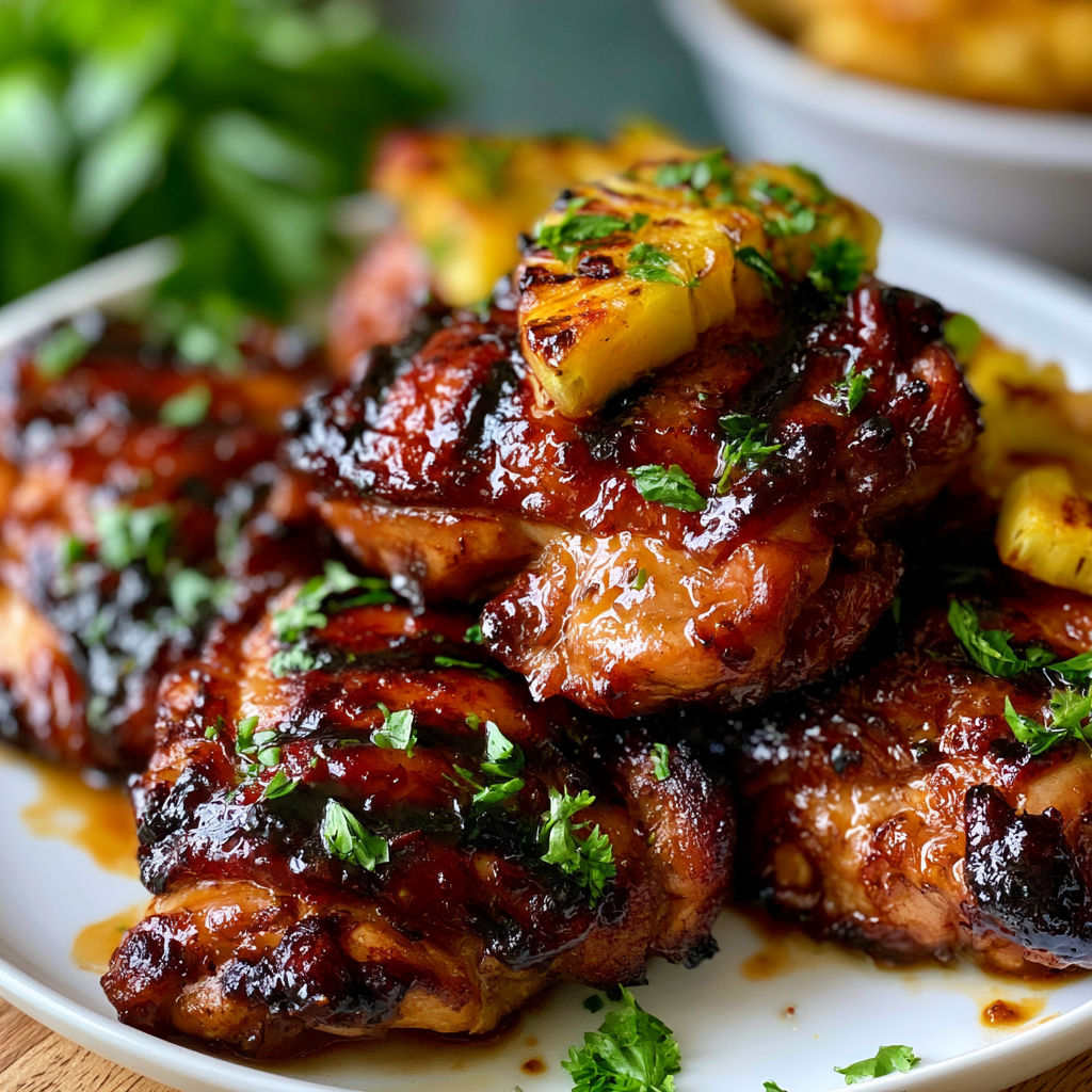 A plate of chicken with pineapple and herbs.
