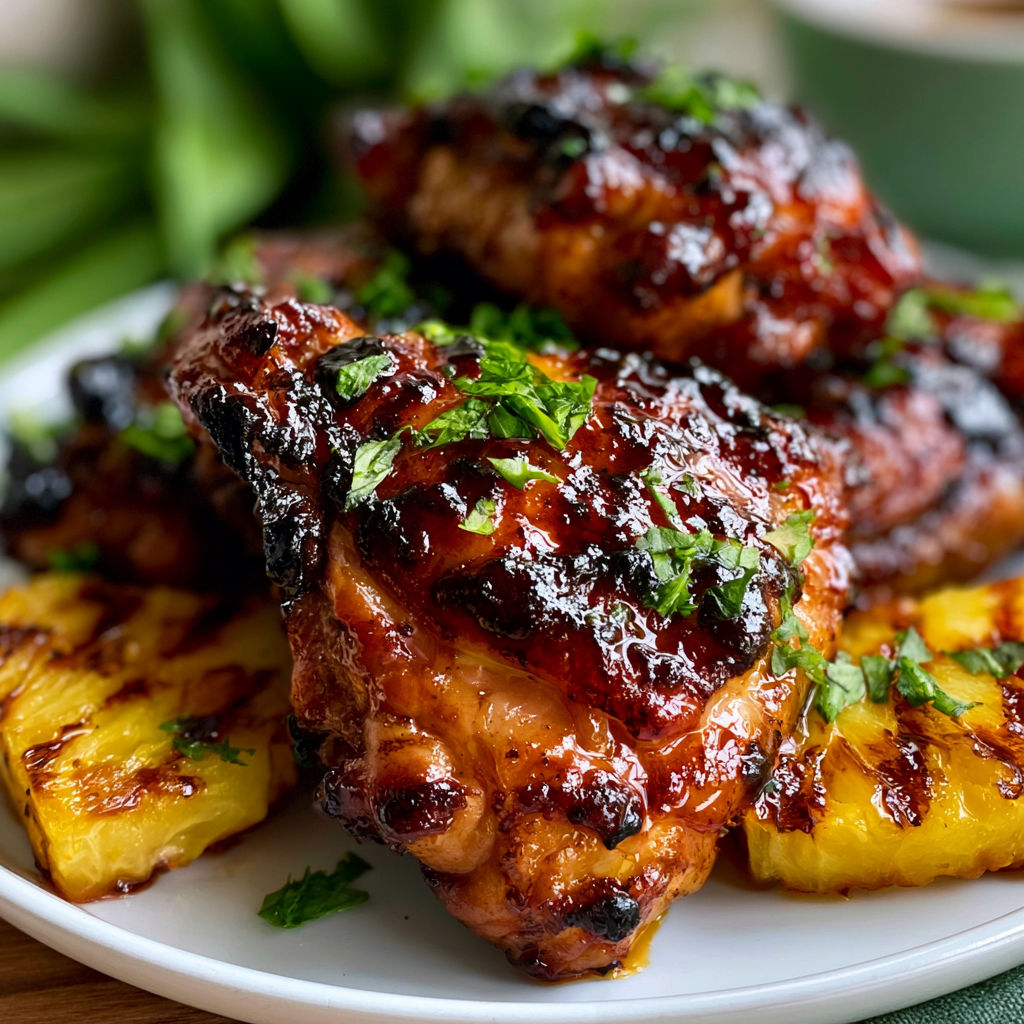 A plate of chicken with sauce and a pineapple wedge.