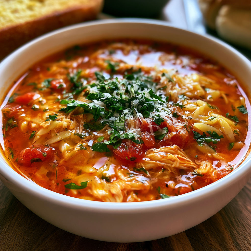 A bowl of soup with a green herb on top.