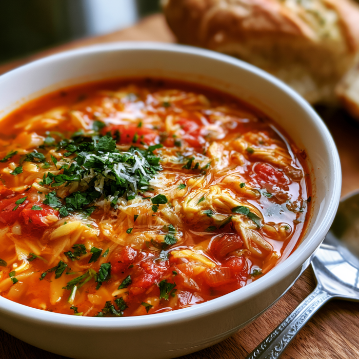 A bowl of soup with a spoon in it.
